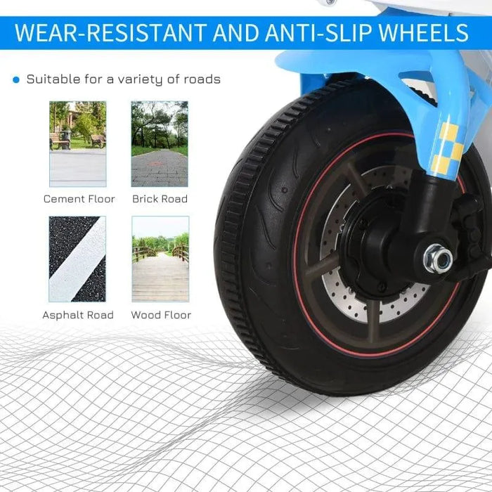 Close-up of kids' police bike wheel, wear-resistant anti-slip, road type examples shown