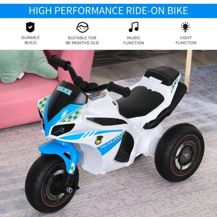 Blue and white kids police ride-on bike toy with lights and music on a carpeted floor indoors.