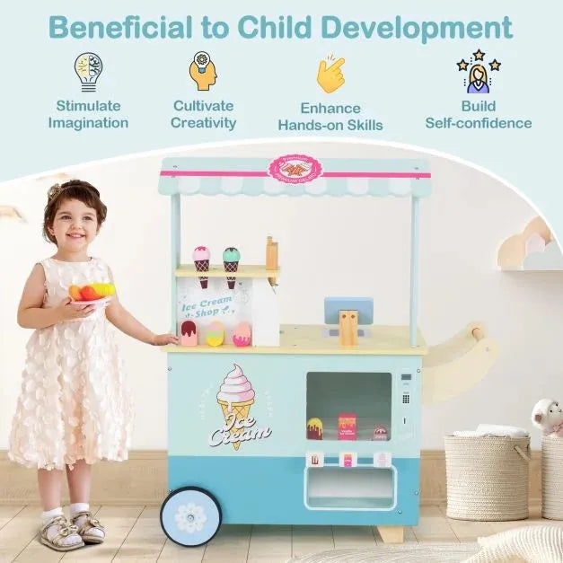 Kids Pretend Play Ice Cream Cart Playset in Green - Little and Giant Explorers Costway