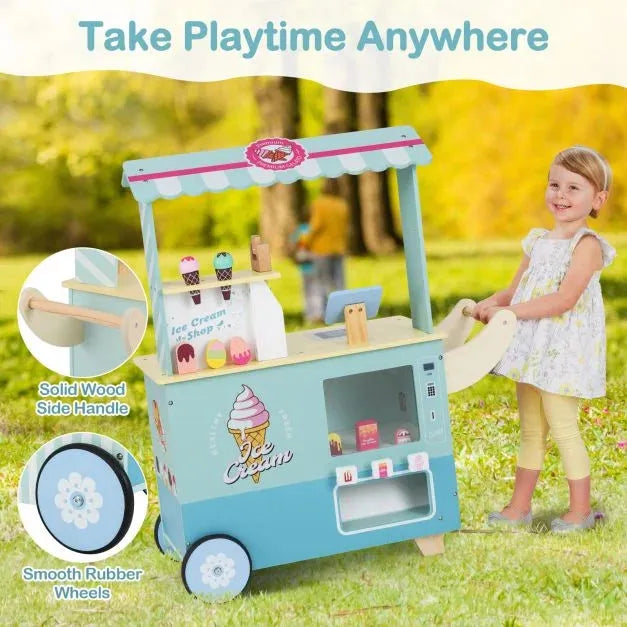 Kids Pretend Play Ice Cream Cart Playset in Green - Little and Giant Explorers Costway