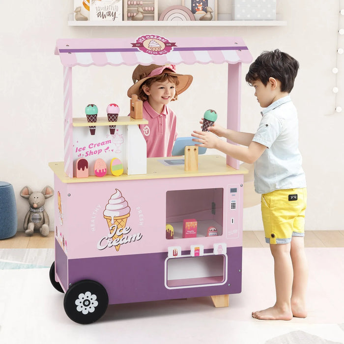 Kids Pretend Play Ice Cream Cart Playset in Pink - Little and Giant Explorers Costway