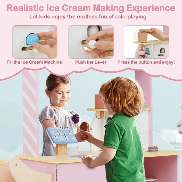 Kids Pretend Play Ice Cream Cart Playset in Pink - Little and Giant Explorers Costway