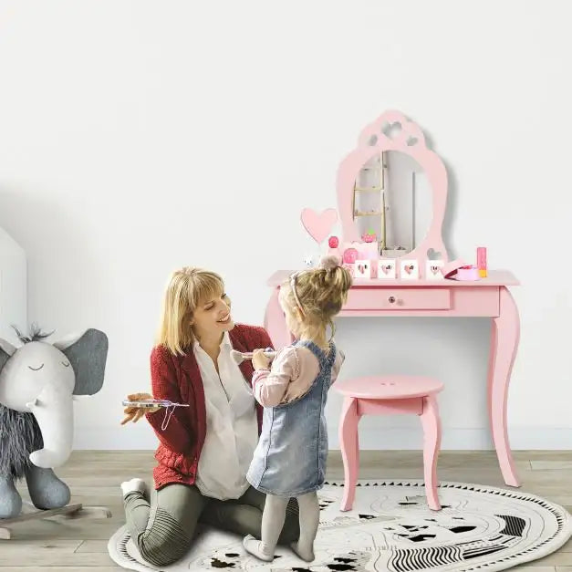 Kids Princess Vanity Table and Stool Set - Pink | Mirror, Drawer and Anti-Tipping Device COSTWAY - Little and Giant Explorers vidaXL