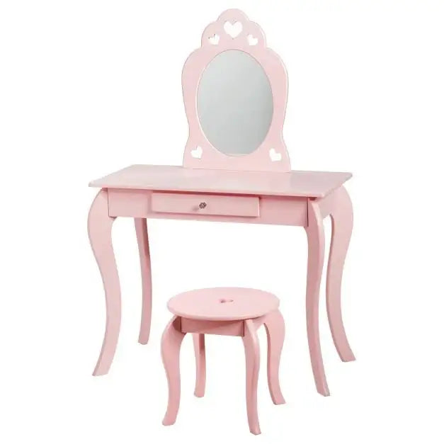 Kids Princess Vanity Table and Stool Set - Pink | Mirror, Drawer and Anti-Tipping Device COSTWAY - Little and Giant Explorers vidaXL