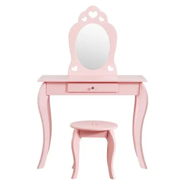 Kids Princess Vanity Table and Stool Set - Pink | Mirror, Drawer and Anti-Tipping Device COSTWAY - Little and Giant Explorers vidaXL