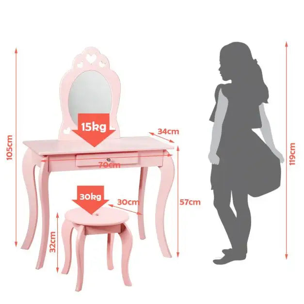 Kids Princess Vanity Table and Stool Set - Pink | Mirror, Drawer and Anti-Tipping Device COSTWAY - Little and Giant Explorers vidaXL
