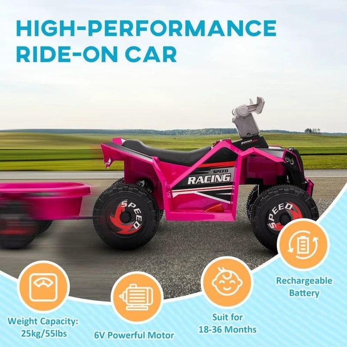 Quad Bike with Back Trailer and Wear-Resistant Wheels 6V Electric Ride on Toy in Pink - Little and Giant Explorers HOMCOM