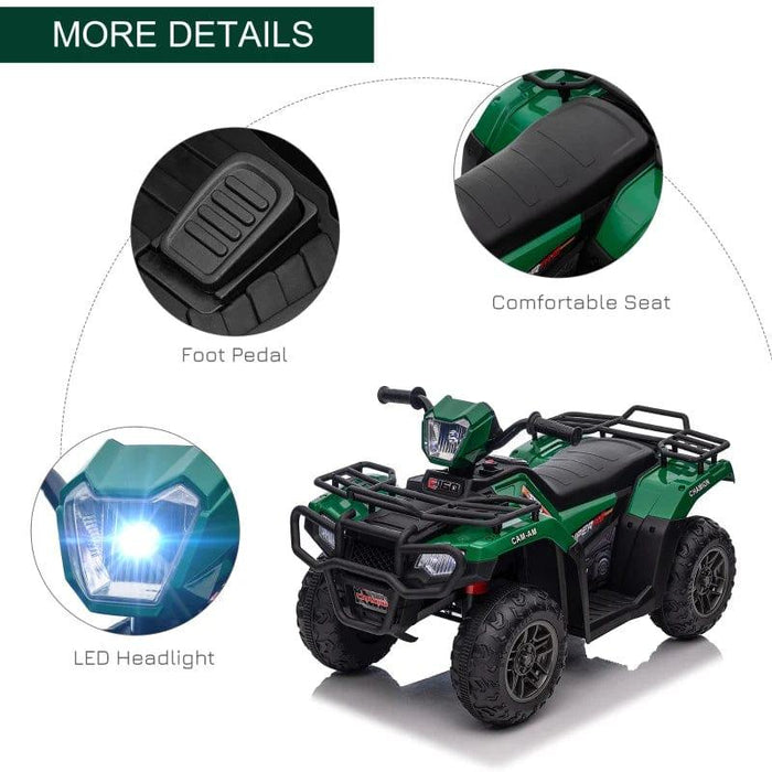 Quad Bike with Forward Reverse Functions Ride on ATV with LED Headlights and Music 12V in Green - Little and Giant Explorers HOMCOM