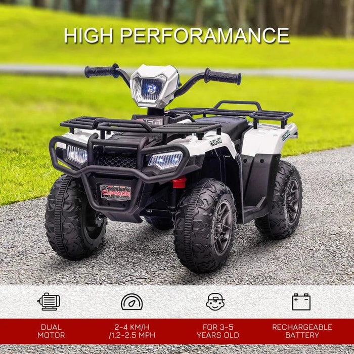 Quad Bike with Forward Reverse Functions Ride on ATV with LED Headlights and Music 12V in White - Little and Giant Explorers HOMCOM