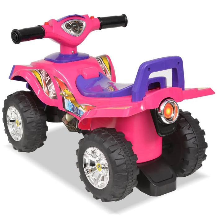 Pink and purple kids ride-on toy quad bike with large black wheels and handlebar