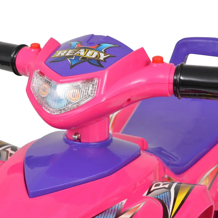 Pink and purple kids ride-on toy scooter handlebar with READY sticker and headlight