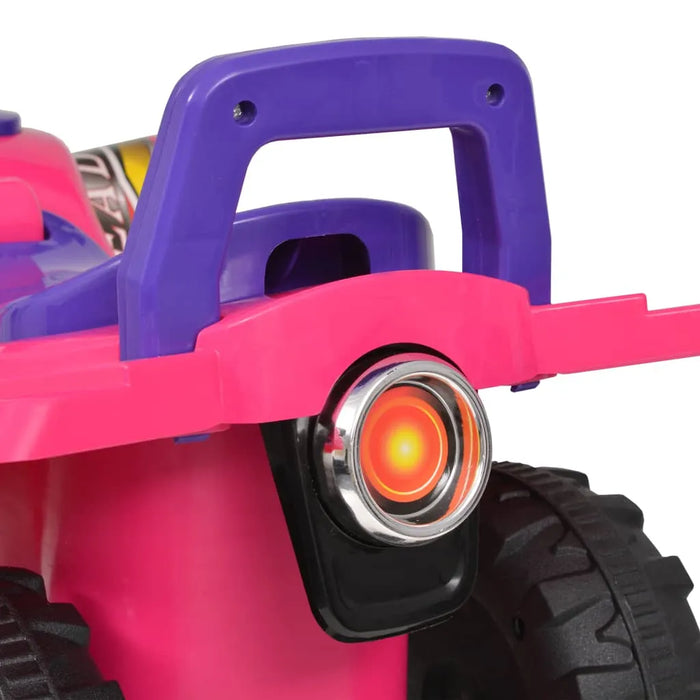 Close-up of pink and purple ride-on toy car rear with large wheels and tail light