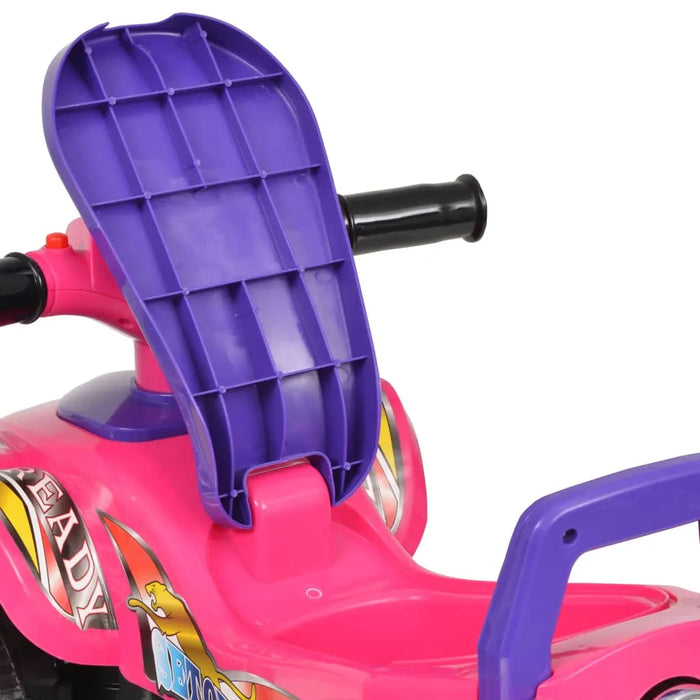 Close-up of a pink and purple kids ride-on toy car with open seat compartment