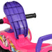 Close-up of a pink and purple kids ride-on toy car with open seat compartment