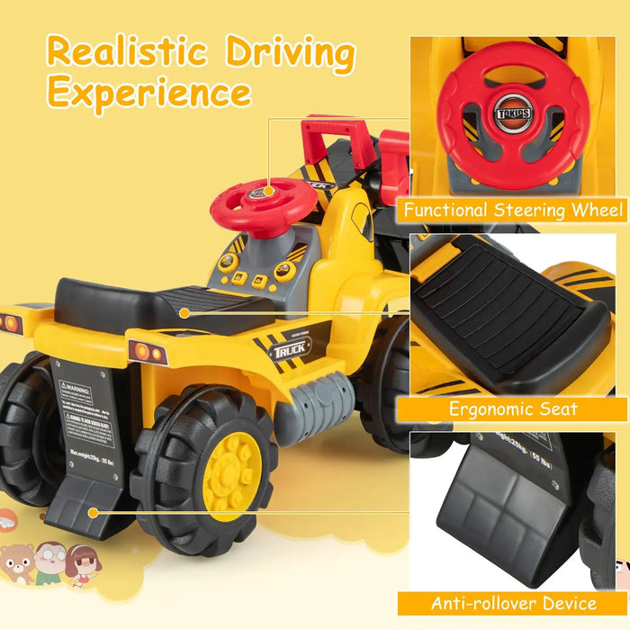 Toy construction vehicle with steering wheel, seat, and text highlighting features on a yellow background