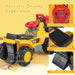 Toy construction vehicle with steering wheel, seat, and text highlighting features on a yellow background