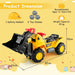Toy bulldozer with safety helmet and stones, dimensions displayed on a yellow background.