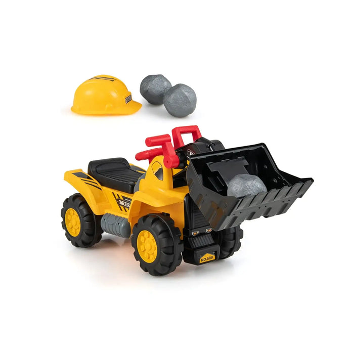 Toy construction vehicle with a hard hat and rocks on a white background