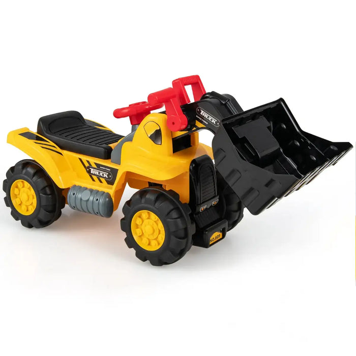 Toy bulldozer with black bucket on a white background