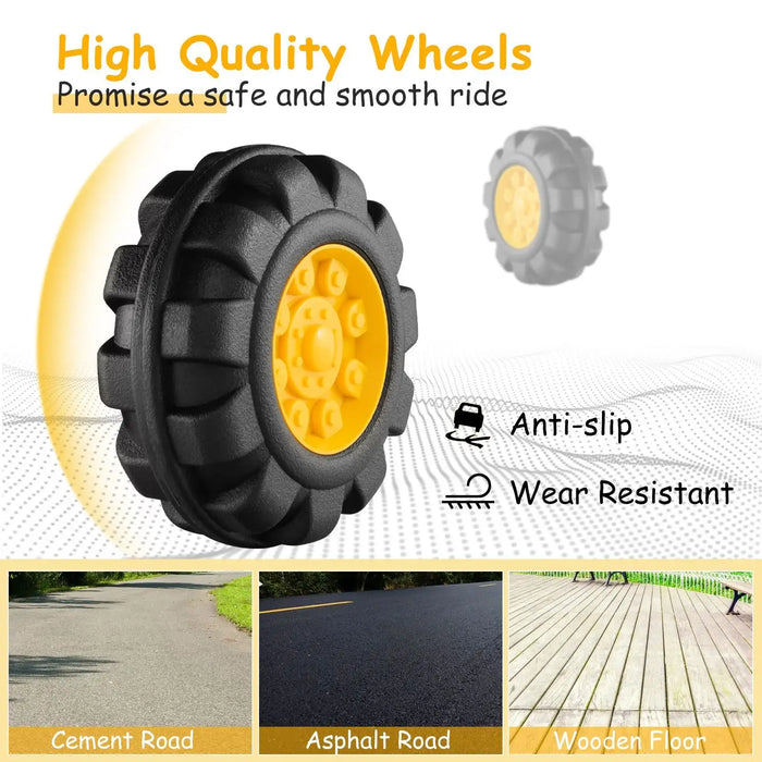 High quality wheel with yellow center and black rim, featuring text about safety and durability on a white background.