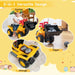 Toy vehicle with scooter, digger, and storage functions on a yellow background
