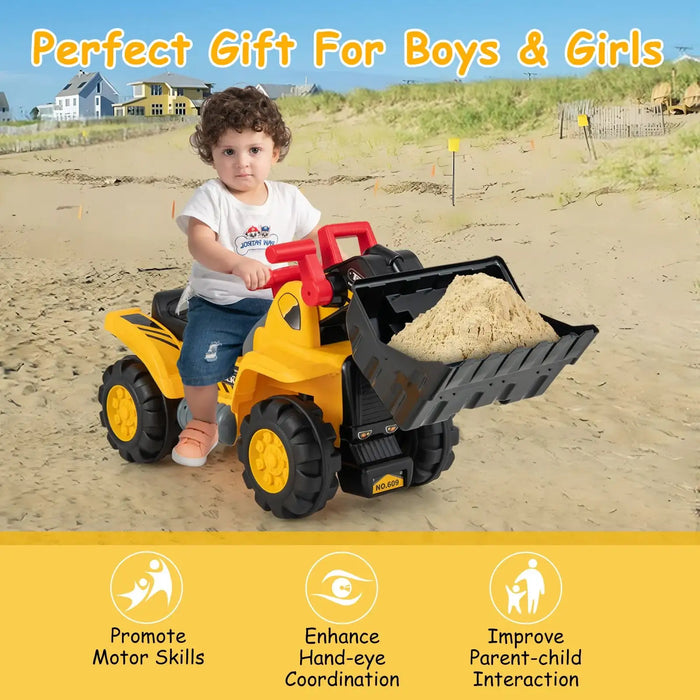 Child playing with a toy dump truck on a sandy beach, with text indicating it's a perfect gift for boys and girls.
