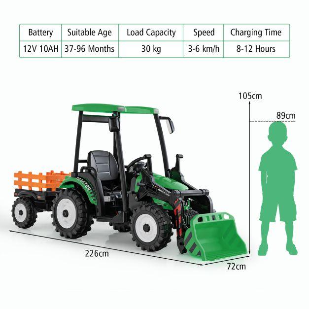 Ride on Hi-Top Tractor with Trailer, Music, Horn and USB Port 12V in Green - Little and Giant Explorers Costway