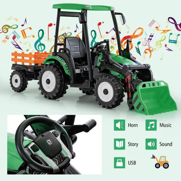 Ride on Hi-Top Tractor with Trailer, Music, Horn and USB Port 12V in Green - Little and Giant Explorers Costway