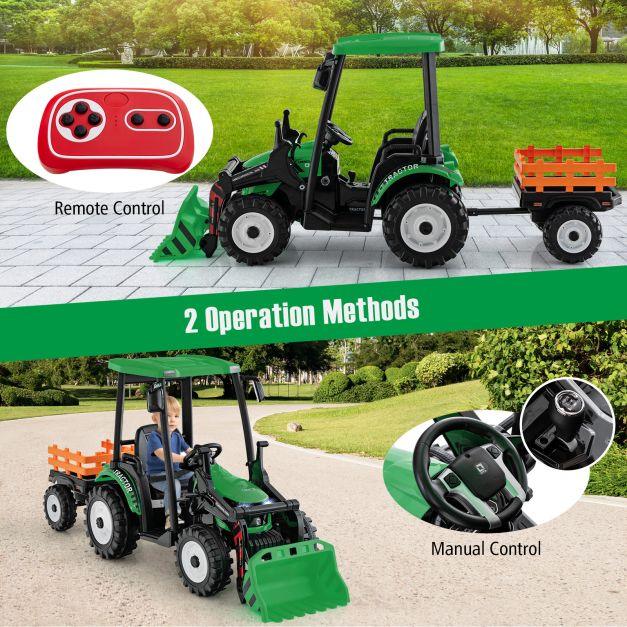 Ride on Hi-Top Tractor with Trailer, Music, Horn and USB Port 12V in Green - Little and Giant Explorers Costway