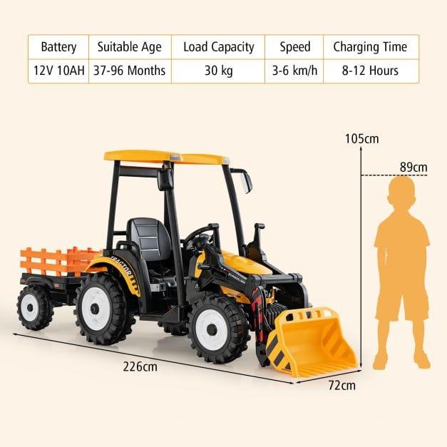 Ride on Hi-Top Tractor with Trailer, Music, Horn and USB Port 12V in Yellow - Little and Giant Explorers Costway