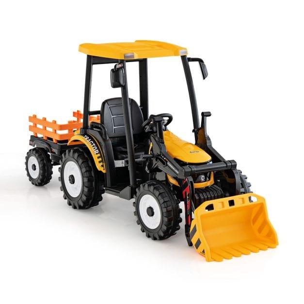 Ride on Hi-Top Tractor with Trailer, Music, Horn and USB Port 12V in Yellow - Little and Giant Explorers Costway