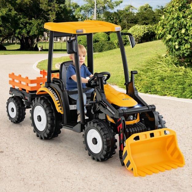 Ride on Hi-Top Tractor with Trailer, Music, Horn and USB Port 12V in Yellow - Little and Giant Explorers Costway