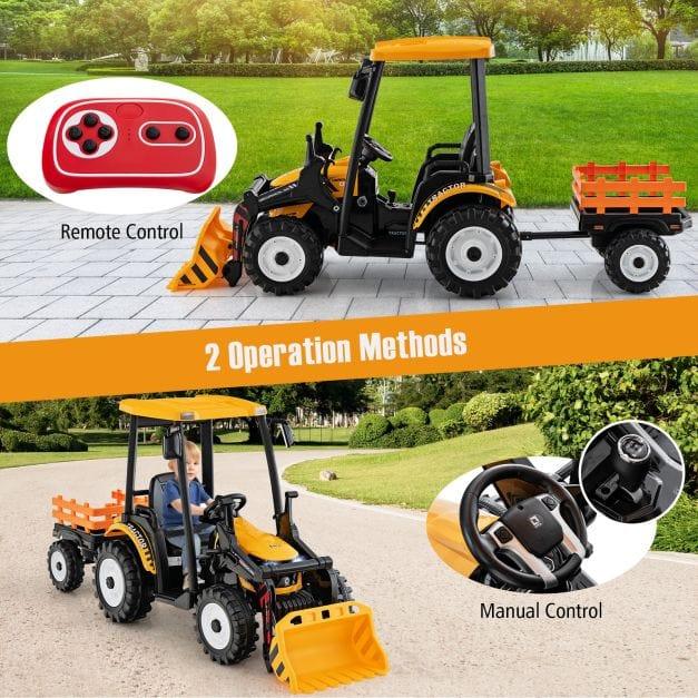 Ride on Hi-Top Tractor with Trailer, Music, Horn and USB Port 12V in Yellow - Little and Giant Explorers Costway