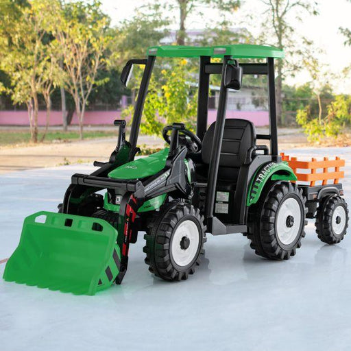 Ride on Hi-Top Tractor with Trailer, Music, Horn and USB Port 12V in Green - Little and Giant Explorers Costway