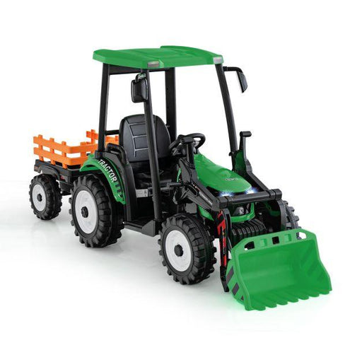 Ride on Hi-Top Tractor with Trailer, Music, Horn and USB Port 12V in Green - Little and Giant Explorers Costway