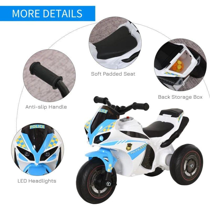 Ride on Police Bike 3-Wheel Vehicle with Music, Lights, Safe Seat and Handlebars - Little and Giant Explorers HOMCOM