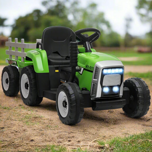 Ride on Tractor with Detachable Trailer, Remote Control and Music 12V in Green - Little and Giant Explorers HOMCOM