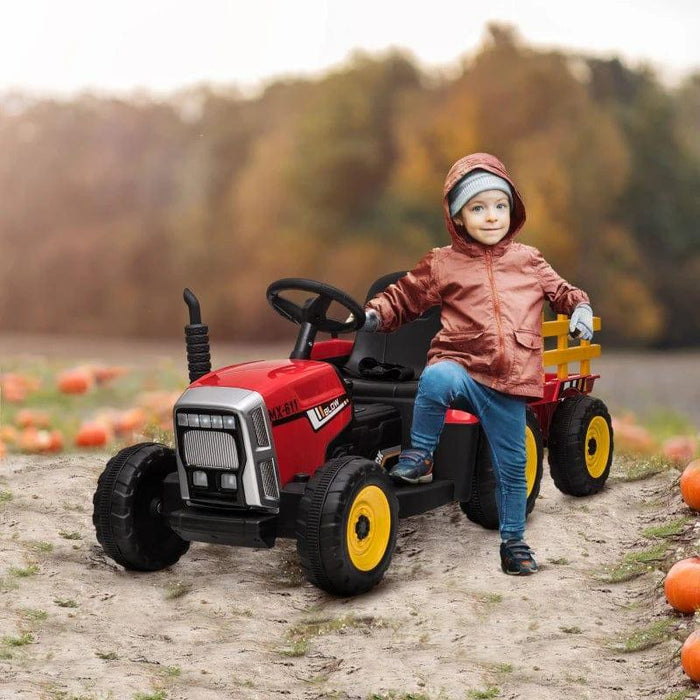 Ride On Tractor with Detachable Trailer, Remote Control and Music 12V in Red - Little and Giant Explorers HOMCOM