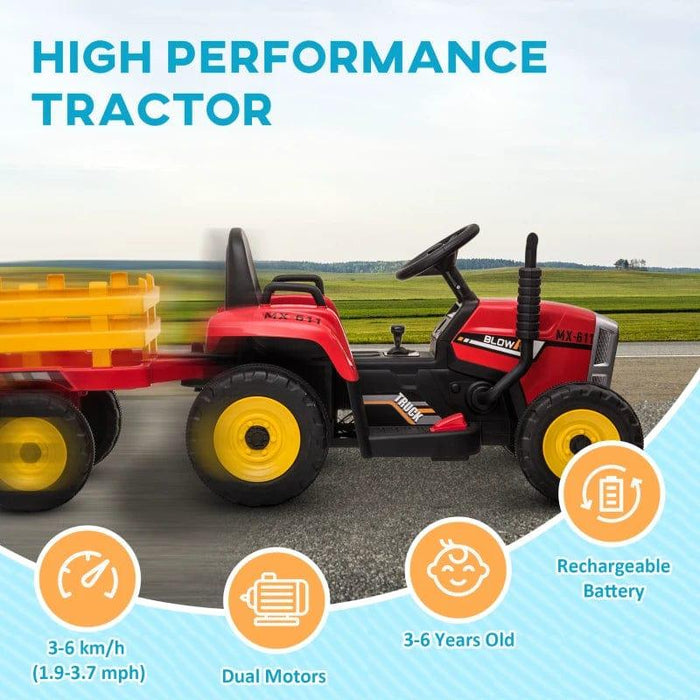 Ride On Tractor with Detachable Trailer, Remote Control and Music 12V in Red - Little and Giant Explorers HOMCOM