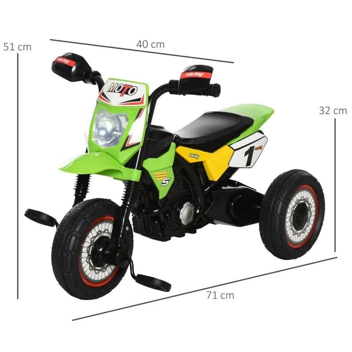 Kids green ride-on tricycle, pedal bike with lights, music, dimensions shown