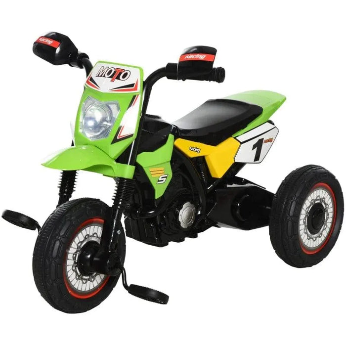 Green toddler ride-on tricycle with pedals, music, lights, and racing decals