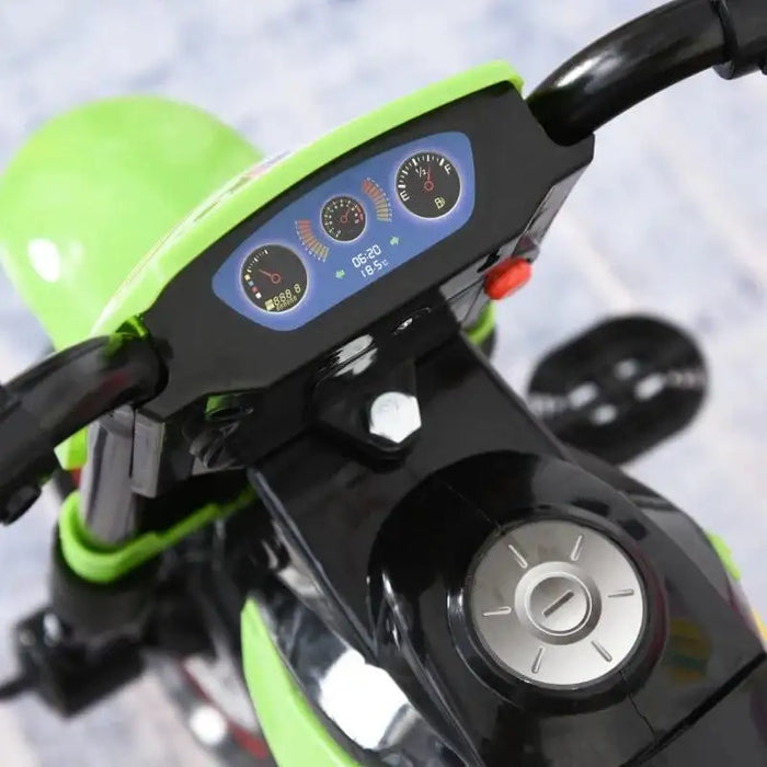 Green kids' ride-on tricycle dashboard with music, lights, and pedal bike controls