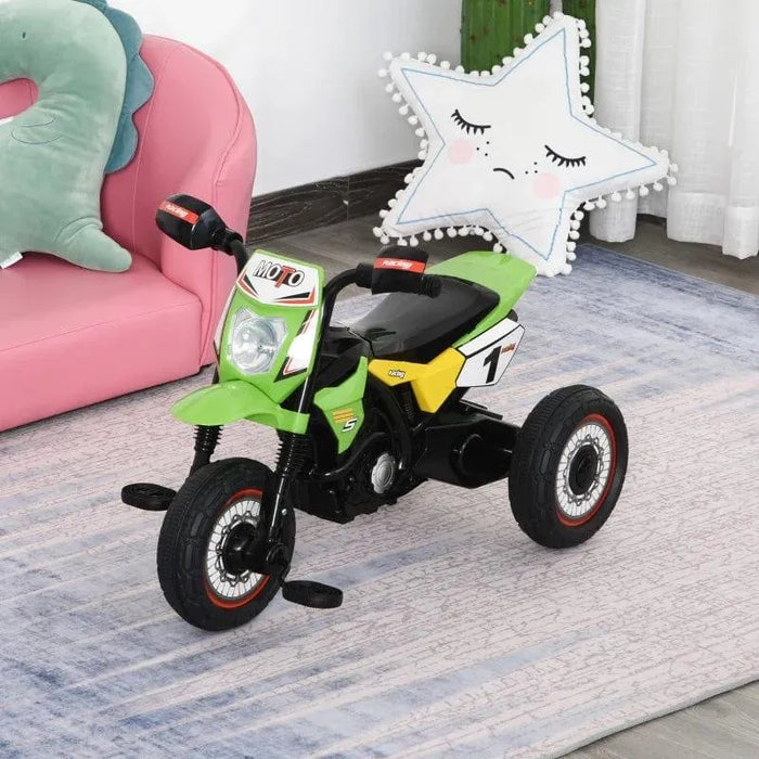 Green kids ride-on tricycle with pedals, number 1 decal, in living room on rug