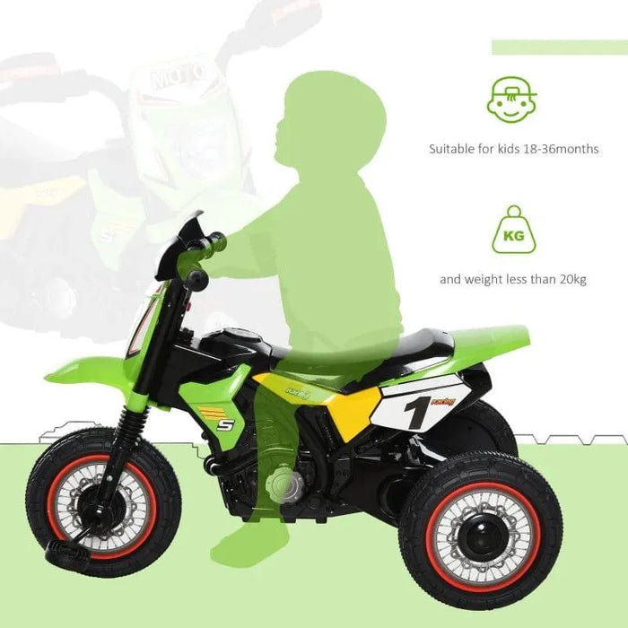 Green toddler ride-on tricycle with pedals, music, lights, and safety info graphics.