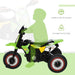 Green toddler ride-on tricycle with pedals, music, lights, and safety info graphics.