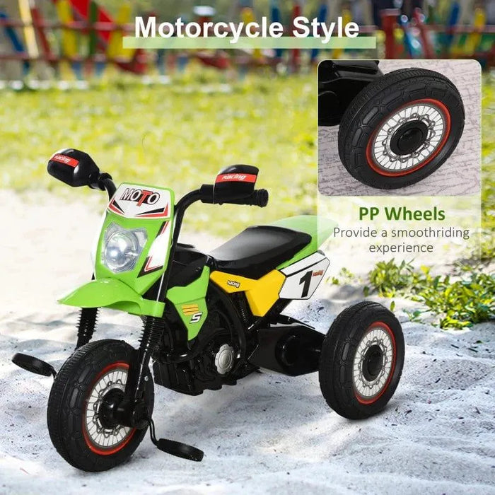 Green toddler ride-on tricycle with PP wheels and motorcycle style, outdoor setting
