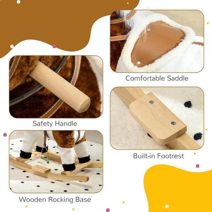 Kids brown cowboy rocking horse with wooden base, safety handle, saddle, and footrest.