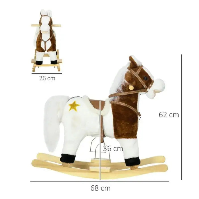 Kids brown and white rocking horse with cowboy theme, star detail, and size measurements