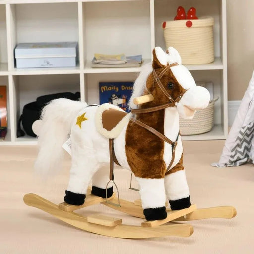 Brown and white cowboy theme kids rocking horse with saddle in playroom
