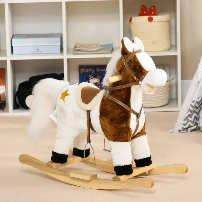Brown and white cowboy theme kids rocking horse with saddle in playroom